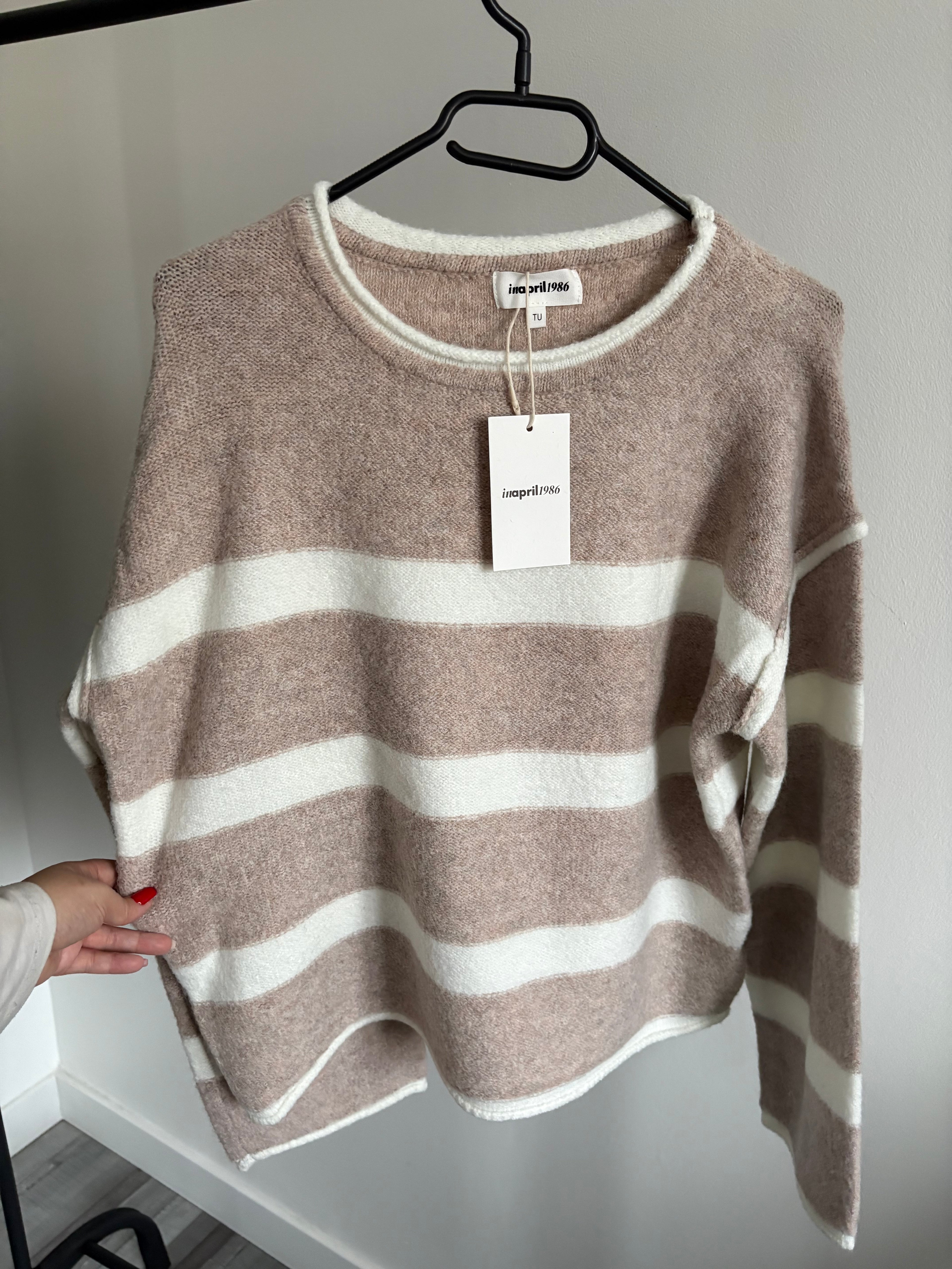 Pull rayé Beige et Blanc à col rond